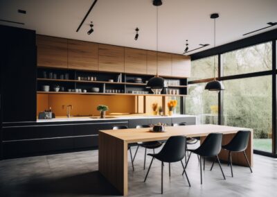 Interior of modern kitchen with black and wooden walls